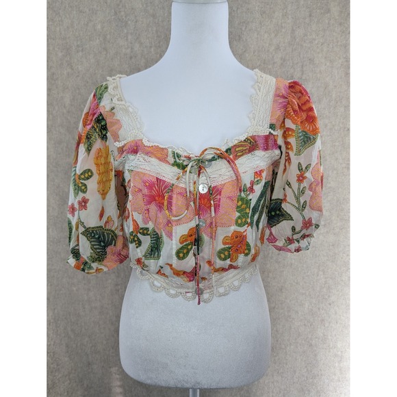 FARM Rio Tops - Farm Rio Floral Lace Trim Crop Top Puff Sleeve Button Front XS Multi Color